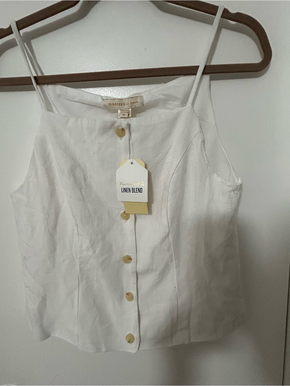 Monteau White Linen-Blend Button Front Cami